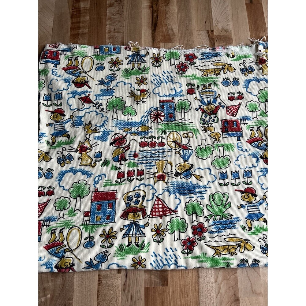 Vintage Cotton Corduroy Novelty Kids Print Drawing 22 x 36 Plus Remnant